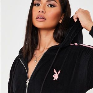 PLAYBOY x MISSGUIDED | Velour Tracksuit Cropped Zip Hooded Jacket Black Pink